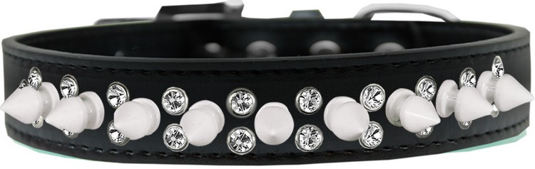 Double Crystal and White Spikes Dog Collar Black Size 20